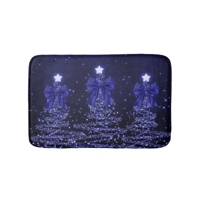 Christmas Sparkling Trees Navy Blue Faux Bow  Badematte (Vorderseite)
