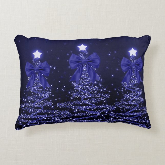 Christmas Sparkling Trees Navy Blue Faux Bow  Dekokissen (Vorderseite)