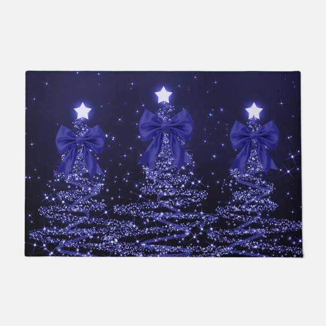 Christmas Sparkling Trees Navy Blue Faux Bow  Fußmatte (Vorderseite)