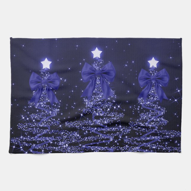 Christmas Sparkling Trees Navy Blue Faux Bow  Geschirrtuch (Horizontal)