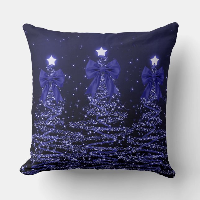 Christmas Sparkling Trees Navy Blue Faux Bow  Kissen (Vorderseite)