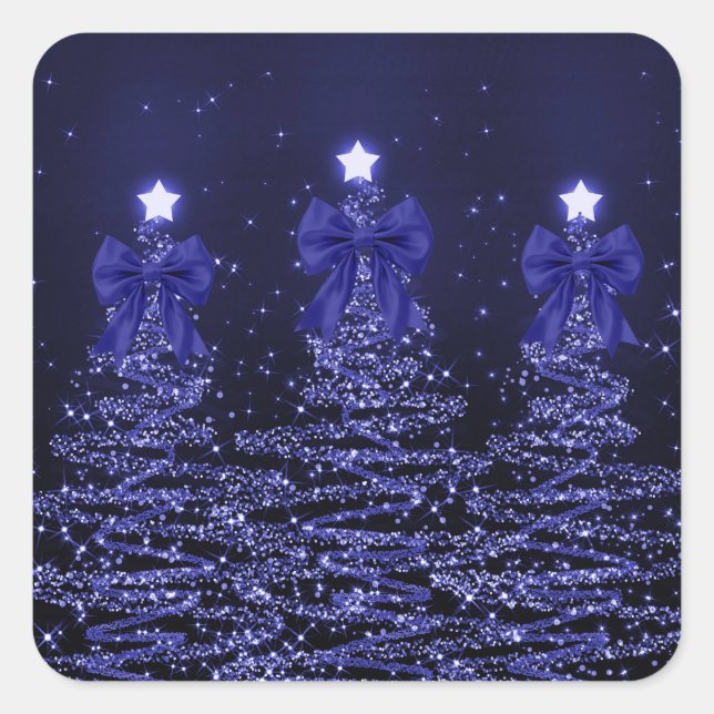 Christmas Sparkling Trees Navy Blue Faux Bow  Quadratischer Aufkleber (Vorderseite)