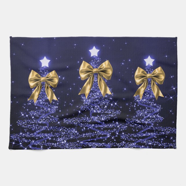 Christmas Sparkling Trees Navy Blue Faux Gold Bow  Geschirrtuch (Horizontal)