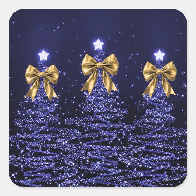 Christmas Sparkling Trees Navy Blue Faux Gold Bow  Quadratischer Aufkleber (Vorderseite)