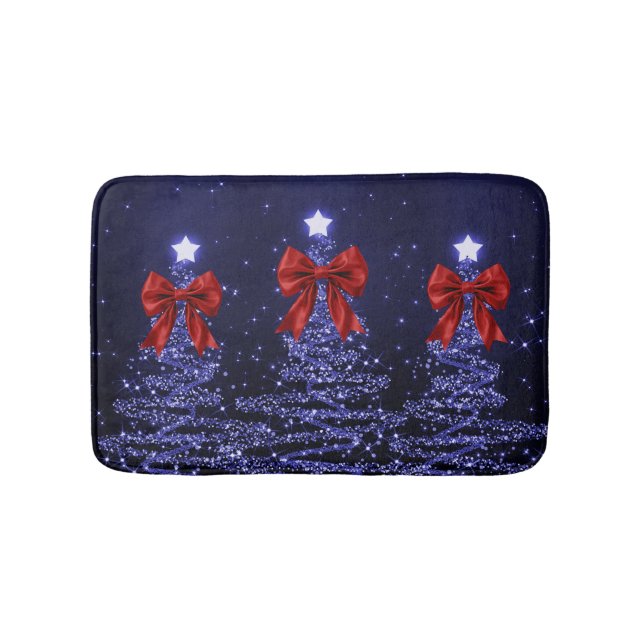 Christmas Sparkling Trees Navy Blue Faux Red Bow  Badematte (Vorderseite)