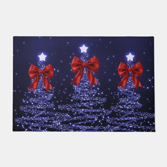 Christmas Sparkling Trees Navy Blue Faux Red Bow  Fußmatte (Vorderseite)