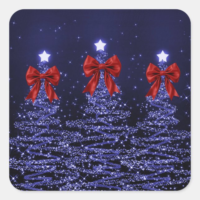 Christmas Sparkling Trees Navy Blue Faux Red Bow  Quadratischer Aufkleber (Vorderseite)
