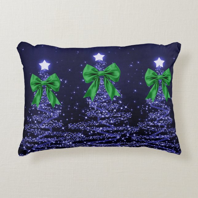 Christmas Sparkling Trees Navy Blue Green Bow  Dekokissen (Vorderseite)