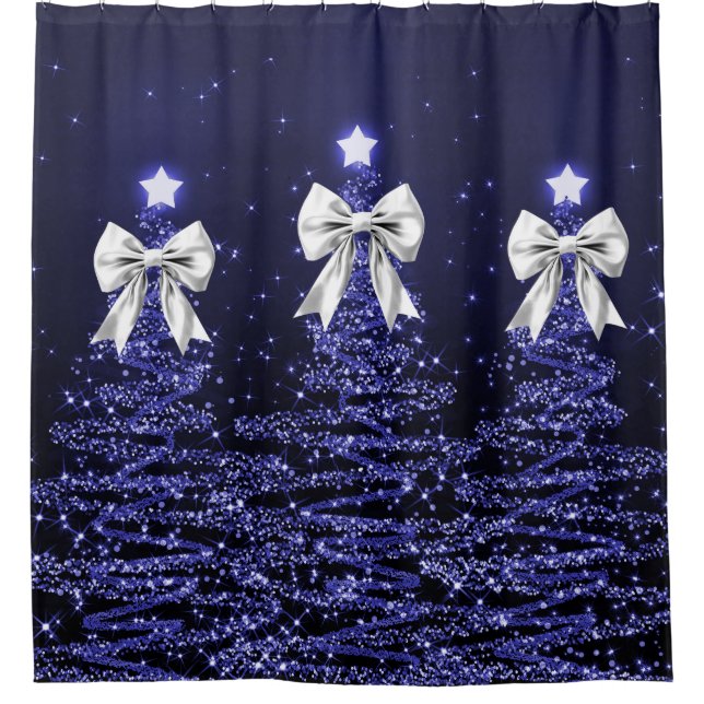 Christmas Sparkling Trees Navy Silver Faux Bow  Duschvorhang (Vorderseite)