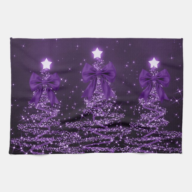 Christmas Sparkling Trees Purple Faux Bow  Geschirrtuch (Horizontal)