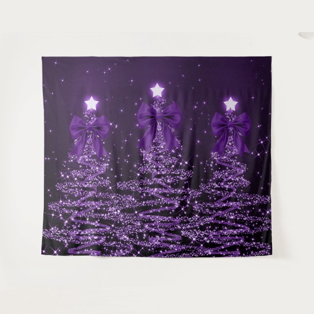 Christmas Sparkling Trees Purple Faux Bow  Wandteppich (Vorderseite (Horizontal))