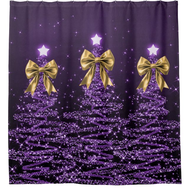 Christmas Sparkling Trees Purple Faux Gold Bow  Duschvorhang (Vorderseite)