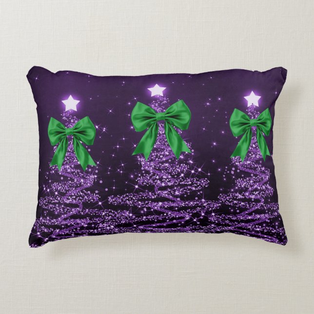 Christmas Sparkling Trees Purple Faux Green Bow  Dekokissen (Vorderseite)