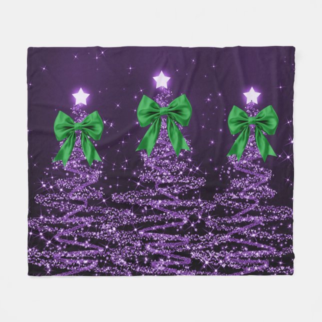 Christmas Sparkling Trees Purple Faux Green Bow  Fleecedecke (Vorderseite (Horizontal))