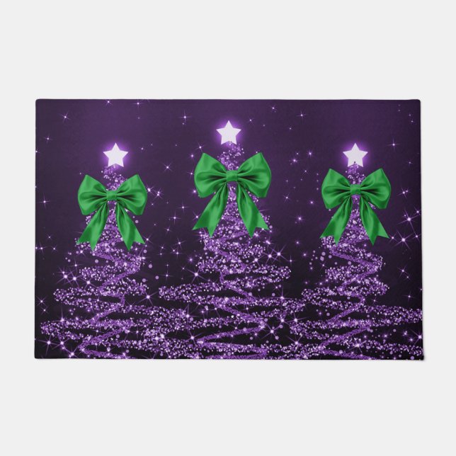 Christmas Sparkling Trees Purple Faux Green Bow  Fußmatte (Vorderseite)