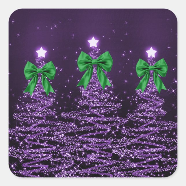 Christmas Sparkling Trees Purple Faux Green Bow  Quadratischer Aufkleber (Vorderseite)