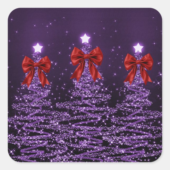 Christmas Sparkling Trees Purple Faux Red Bow  Quadratischer Aufkleber (Vorderseite)