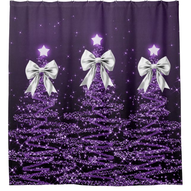 Christmas Sparkling Trees Purple Faux Silver Bow  Duschvorhang (Vorderseite)