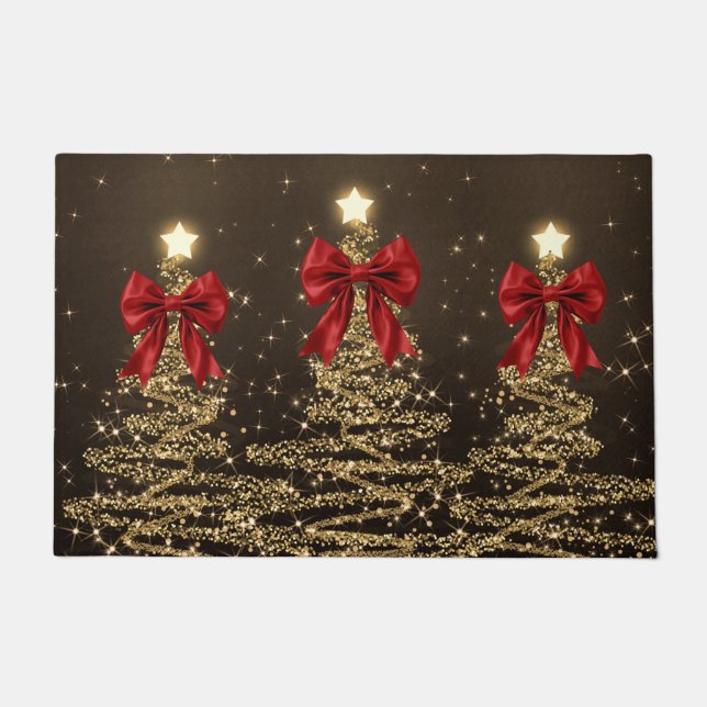 Christmas Sparkling Trees Red Gold Faux Bow  Fußmatte (Vorderseite)