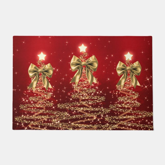 Christmas Sparkling Trees Red Gold Faux Bow  Fußmatte (Vorderseite)