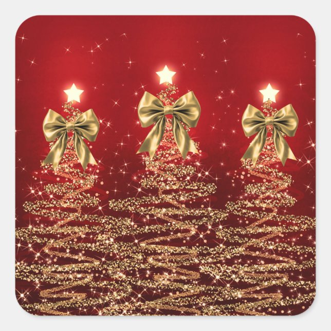 Christmas Sparkling Trees Red Gold Faux Bow  Quadratischer Aufkleber (Vorderseite)