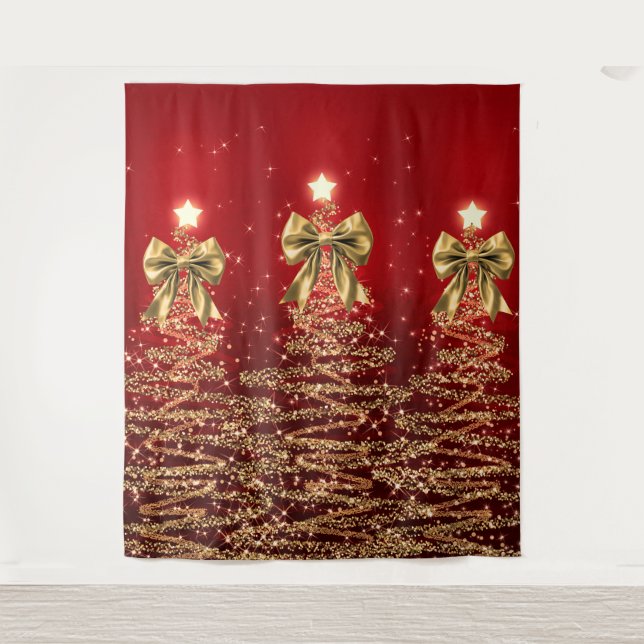 Christmas Sparkling Trees Red Gold Faux Bow  Wandteppich (Vorderseite)