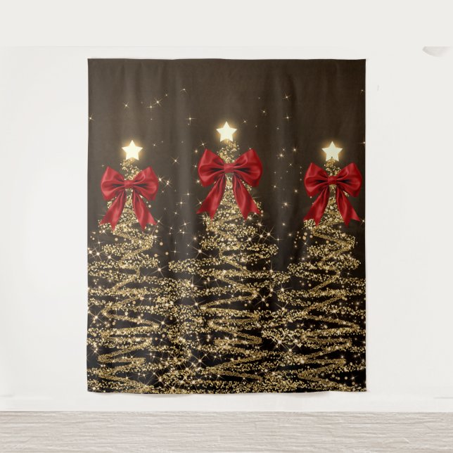 Christmas Sparkling Trees Red Gold Faux Bow  Wandteppich (Vorderseite)