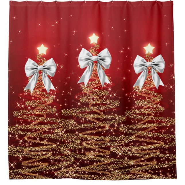 Christmas Sparkling Trees Red Gold Silver Bow  Duschvorhang (Vorderseite)