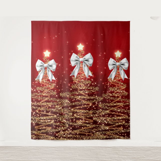 Christmas Sparkling Trees Red Gold Silver Bow  Wandteppich (Vorderseite)