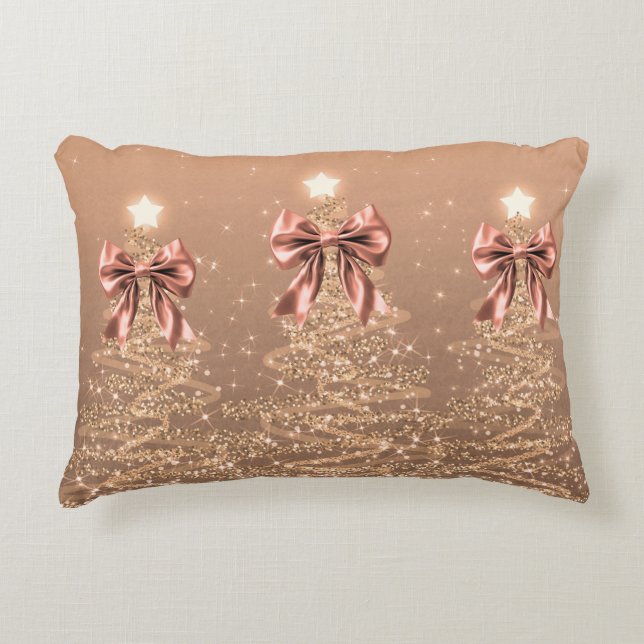Christmas Sparkling Trees Rose Gold Faux Bow  Dekokissen (Vorderseite)