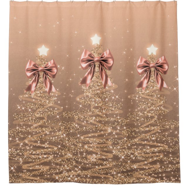 Christmas Sparkling Trees Rose Gold Faux Bow  Duschvorhang (Vorderseite)