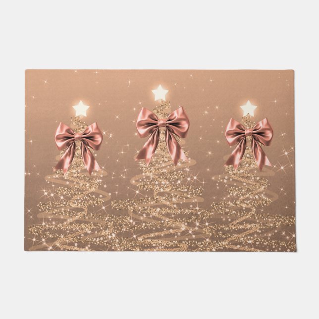 Christmas Sparkling Trees Rose Gold Faux Bow  Fußmatte (Vorderseite)