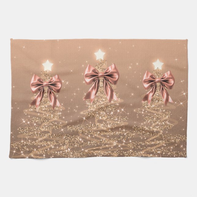 Christmas Sparkling Trees Rose Gold Faux Bow  Geschirrtuch (Horizontal)