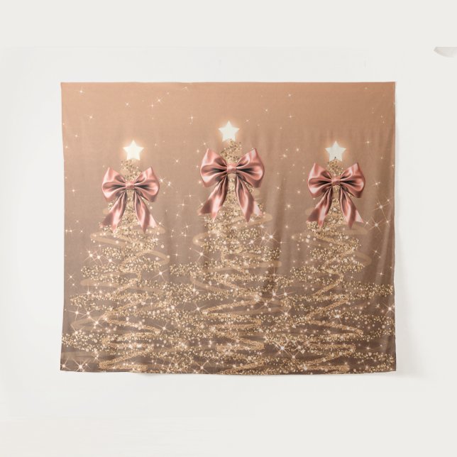 Christmas Sparkling Trees Rose Gold Faux Bow  Wandteppich (Vorderseite (Horizontal))