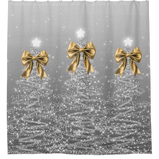 Christmas Sparkling Trees Silver Faux Gold Bow  Duschvorhang (Vorderseite)