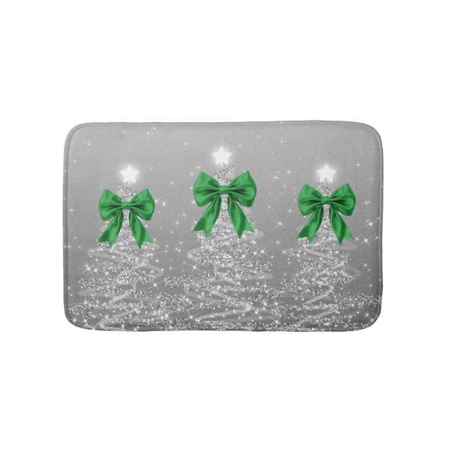 Christmas Sparkling Trees Silver Faux Green Bow  Badematte (Vorderseite)