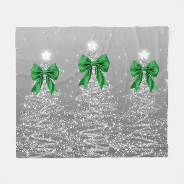 Christmas Sparkling Trees Silver Faux Green Bow  Fleecedecke (Vorderseite (Horizontal))
