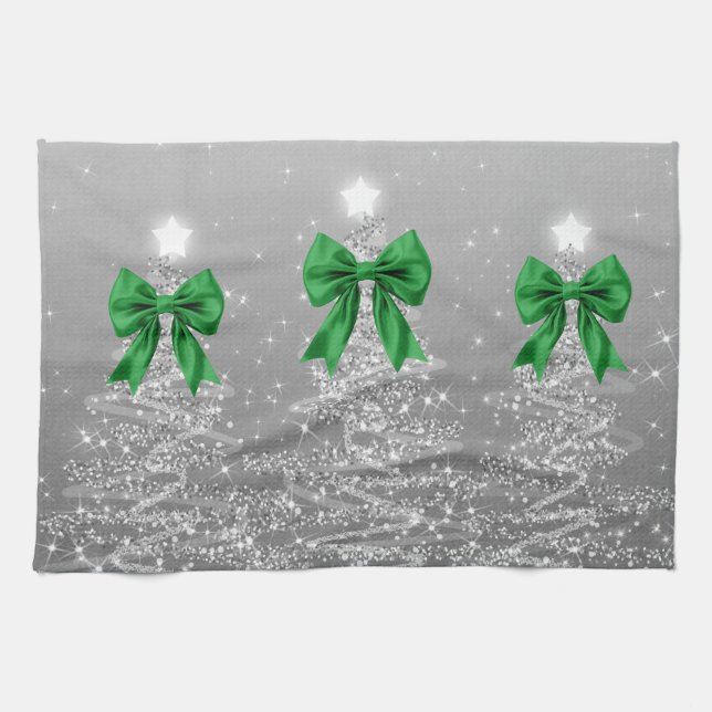 Christmas Sparkling Trees Silver Faux Green Bow  Geschirrtuch (Horizontal)