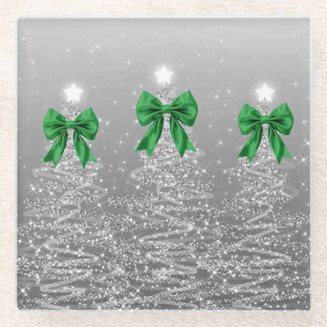 Christmas Sparkling Trees Silver Faux Green Bow  Glasuntersetzer (Vorderseite)