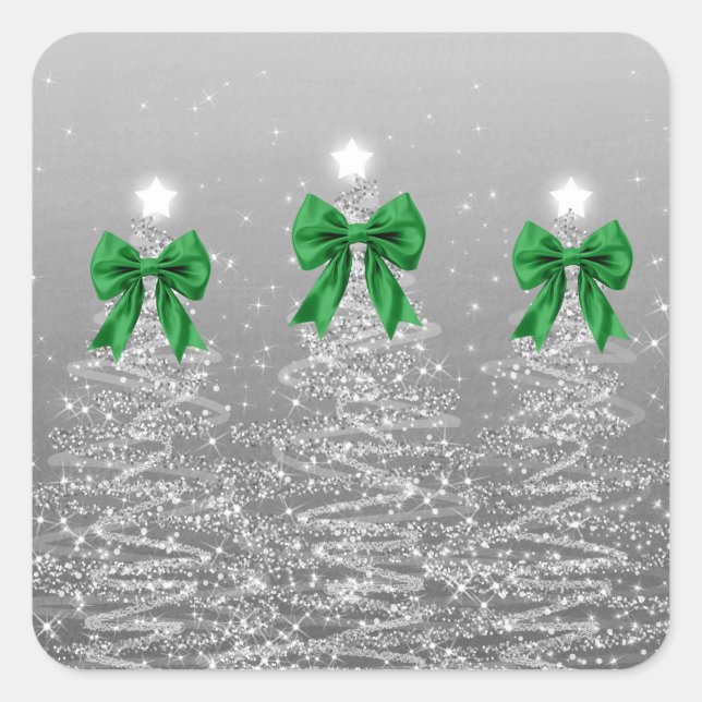 Christmas Sparkling Trees Silver Faux Green Bow  Quadratischer Aufkleber (Vorderseite)