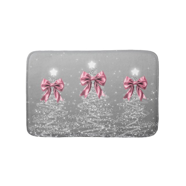 Christmas Sparkling Trees Silver Faux Pink Bow  Badematte (Vorderseite)