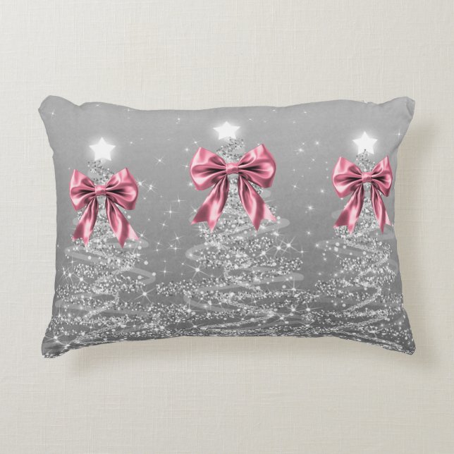 Christmas Sparkling Trees Silver Faux Pink Bow  Dekokissen (Vorderseite)