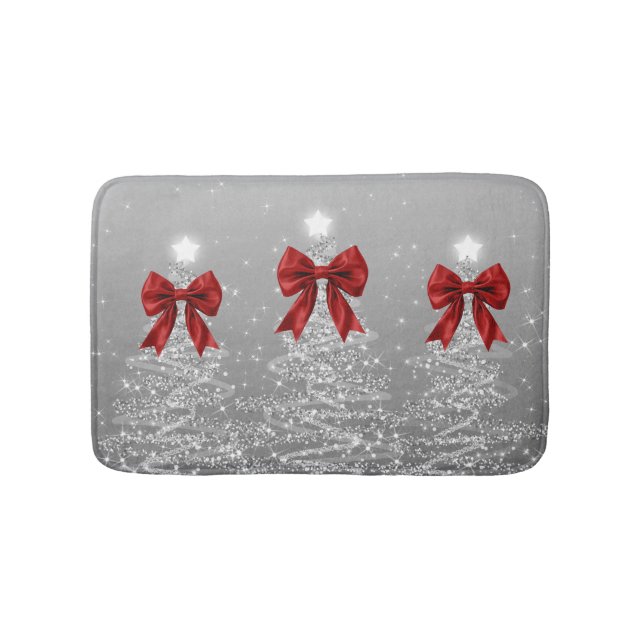 Christmas Sparkling Trees Silver Faux Red Bow  Badematte (Vorderseite)