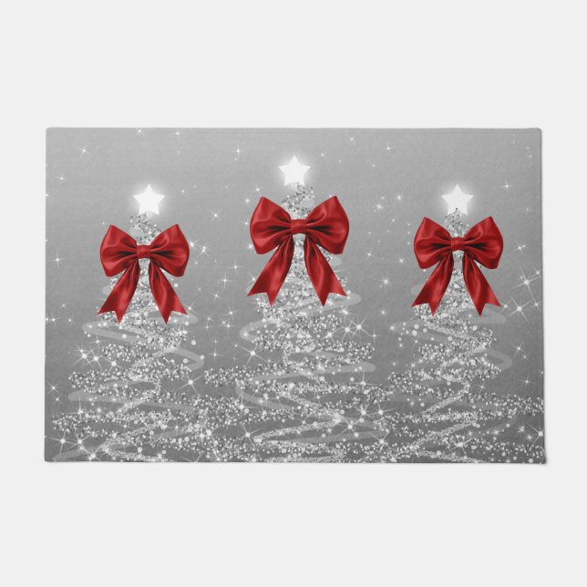 Christmas Sparkling Trees Silver Faux Red Bow  Fußmatte (Vorderseite)