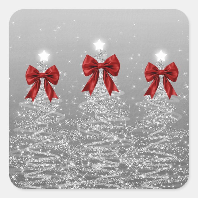 Christmas Sparkling Trees Silver Faux Red Bow  Quadratischer Aufkleber (Vorderseite)