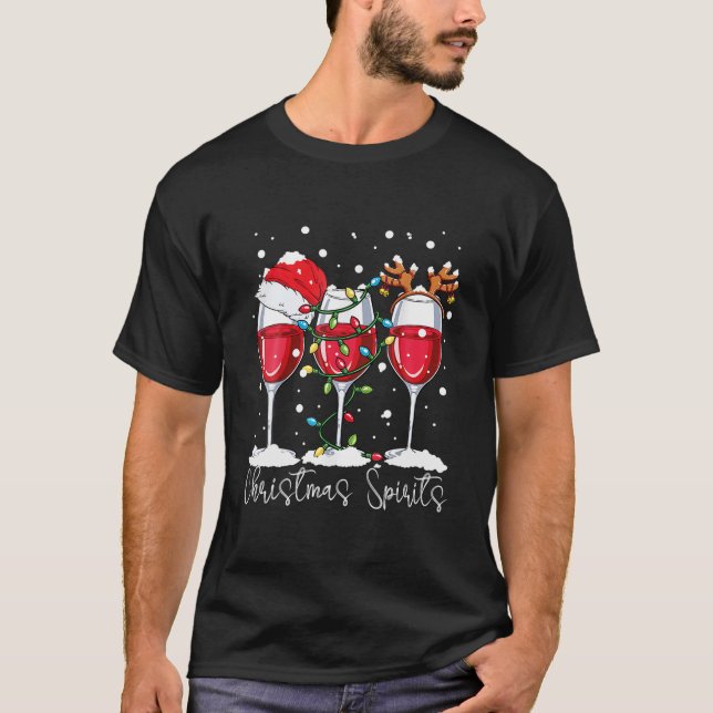 Christmas Spirits Funny Glasses Of Wine Santa Hat T-Shirt (Vorderseite)