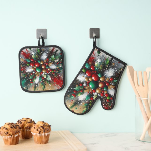 Christmas Splatter / White Bursts  Ofenhandschuh & Topflappen-Set (Insitu (Hängend))