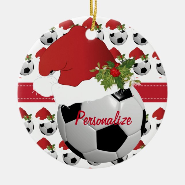 Christmas Sport Soccer Ball Santa Hat Keramikornament (Vorne)