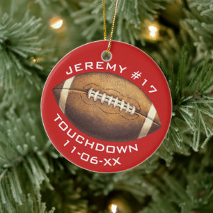 Christmas Sports Football Red Touchdown Add Name Keramik Ornament