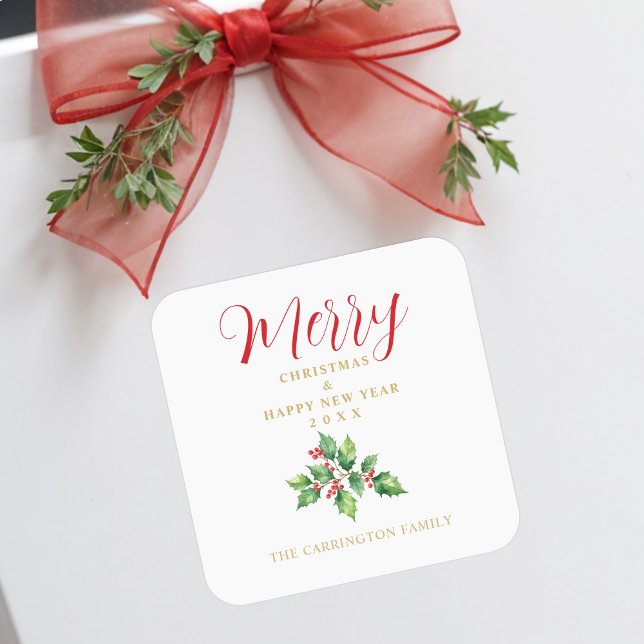 Christmas Sprig Holly Green Leaves & Red Berries Quadratischer Aufkleber (Christmas Sprig Holly Green Leaves & Red Berries Square Stickers.)